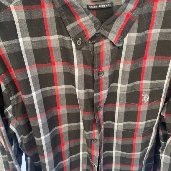 US POLO ASSN Long Sleeve Navy Flannel Men's Shirt Black Red Plaid XL Button Down - Picture 8 of 8